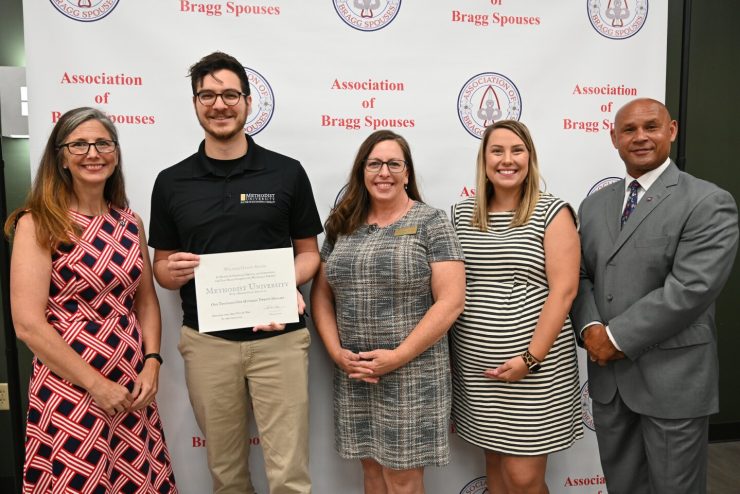 Dailah Cole (Welfare Chair, Association of Bragg Spouses), Samuel Maycock (Student, Methodist University OTD), Amy Haynes (Assistant Professor, Methodist University OTD), Hannah Bates (President, Association of Bragg Spouses), and Billy Buckner (Director of Military Programs & Workforce Training, Methodist University Fort Bragg)