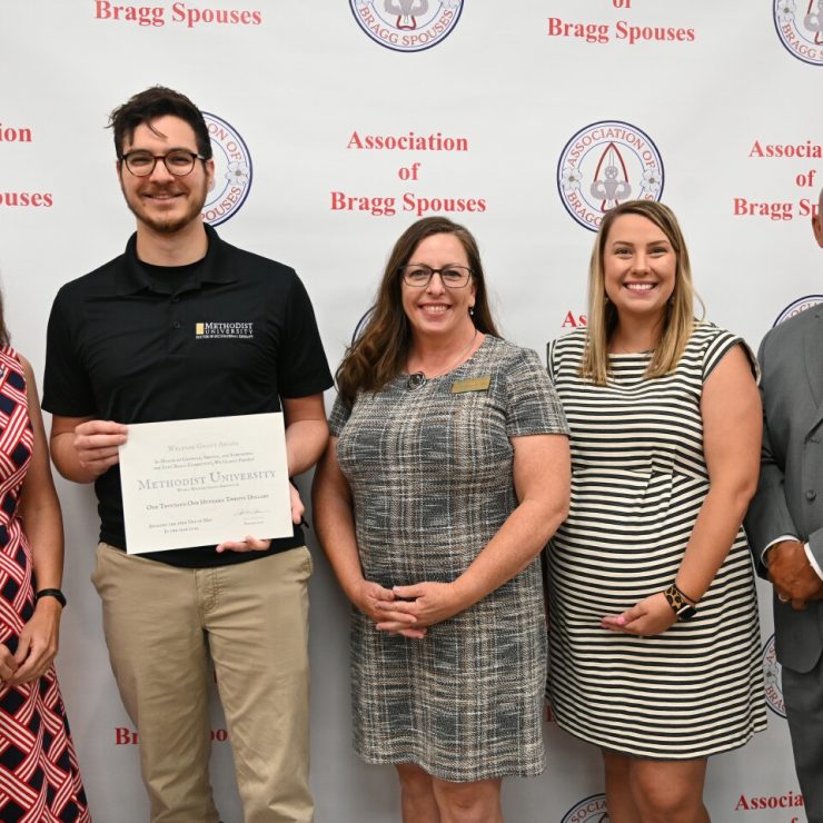 Dailah Cole (Welfare Chair, Association of Bragg Spouses), Samuel Maycock (Student, Methodist University OTD), Amy Haynes (Assistant Professor, Methodist University OTD), Hannah Bates (President, Association of Bragg Spouses), and Billy Buckner (Director of Military Programs & Workforce Training, Methodist University Fort Bragg)