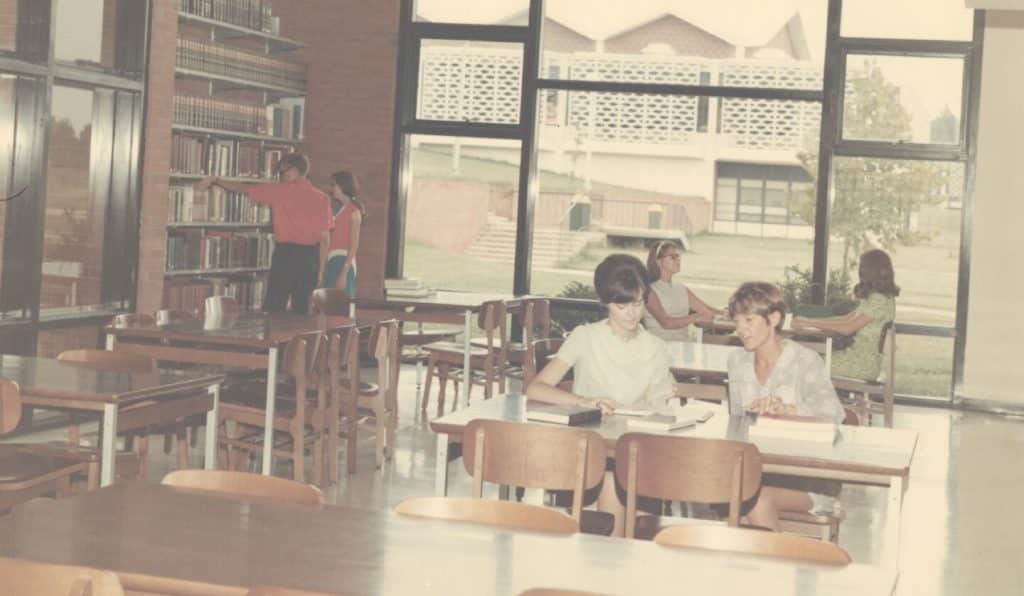 Students gather to study in Davis Memorial Library, circa 1970.