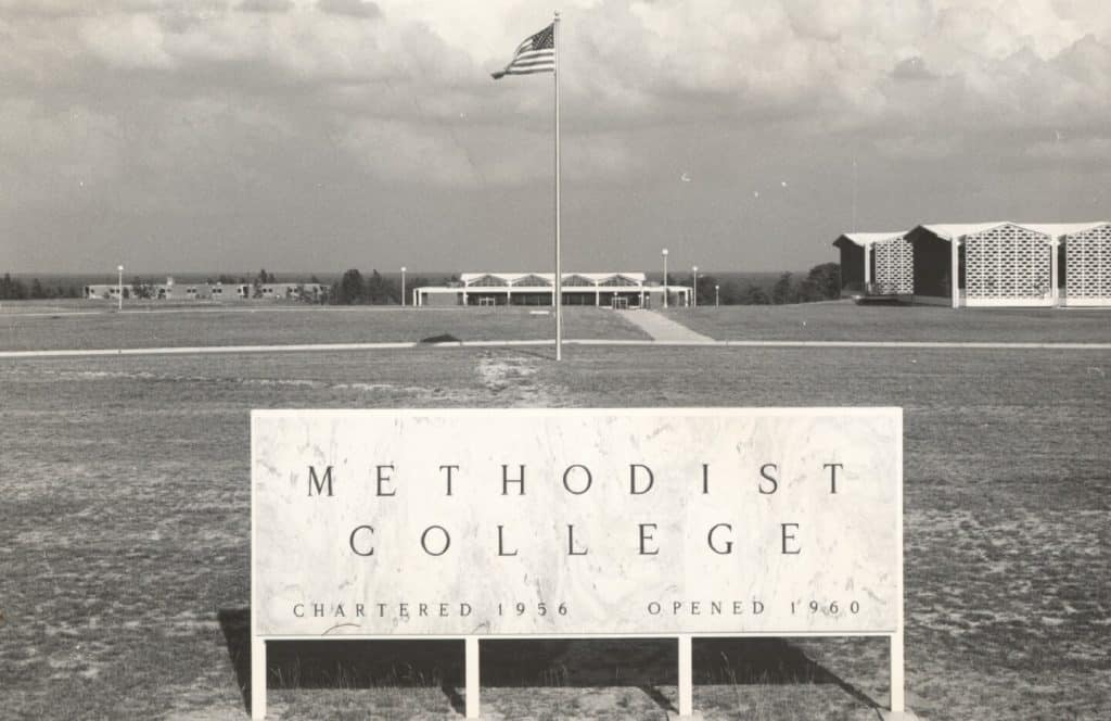 The original Methodist College sign