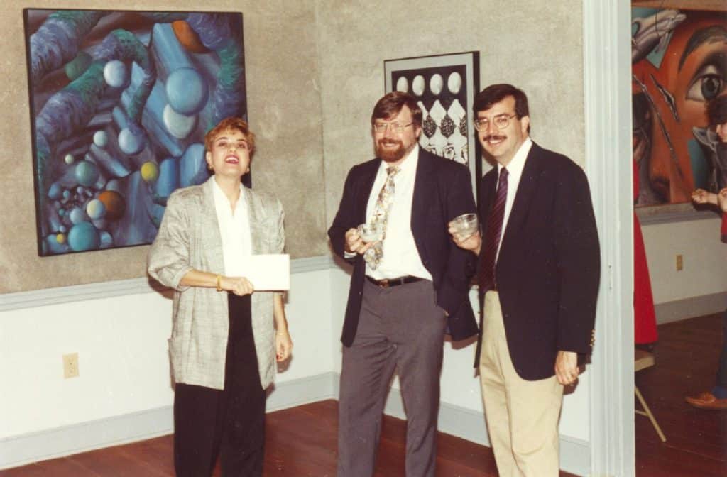 Professors Silvana Foti and John Campbell with Academic Dean Erik Bitterbaum at the Mallett-Rogers House Art Gallery