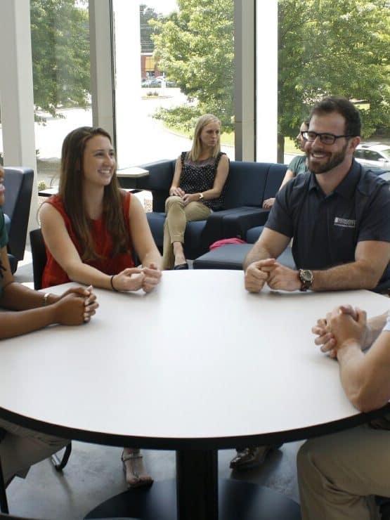 Students gather in the McLean Health Sciences Building