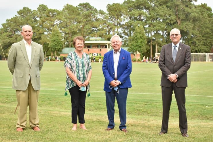Mac Healy, Chair of the MU Board of Trustees; Nancy Duggins; Murray Duggins; Stanley T. Wearden, MU President
