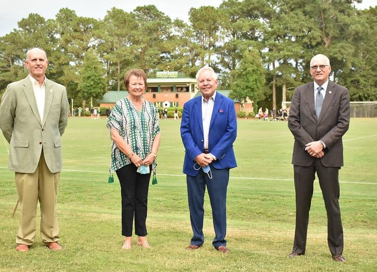 Mac Healy, Chair of the MU Board of Trustees; Nancy Duggins; Murray Duggins; Stanley T. Wearden, MU President