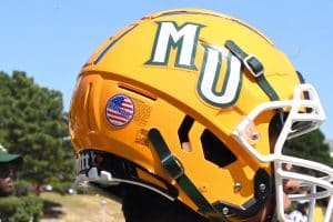 Methodist University's new football helmet stickers "Honor" the military. 