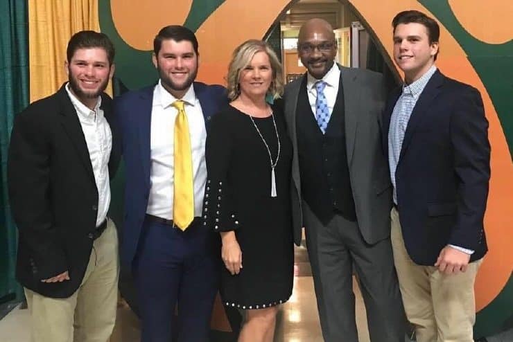 MU Sports Hall of Fame Banquet, left to right, Christopher Ryan ’15, Joshua Ryan ’20, Susan Cox Bucolo ’90, Rickey Hill ’90, and Caleb Ryan.