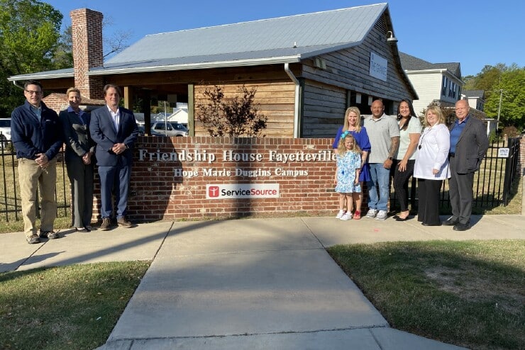 Pictured left to right are: Dr. Scott Cameron (President and Chaplain at Friendship House); Tara Hinton (Director, Regional Philanthropy, ServiceSource North Carolina); Andy Rind (Senior Vice President and Executive Director, ServiceSource North Carolina);  Ardynn, Chrissy, and Hikeem Dobie (Kameron’s sister and parents); Leanna Jacobs (recipient of the scholarship); Joan and Dr. Bill Greenwood (Kameron’s grandparents). 