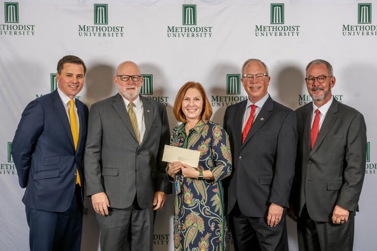 Pictured (l to r) are: First Citizen Bank's Phillip Strickland (Senior Vice President / Senior Director of Institutional Trust) and Bill Norris (Area Vice President / Cape Fear Area), Methodist University Provost Suzanne Blum Malley, and First Citizen Bank's Tim Richardson (Senior Vice President / Manager of Commercial Banking) and Hank Dunbar (Senior Vice President / Charitable & Philanthropic Services).