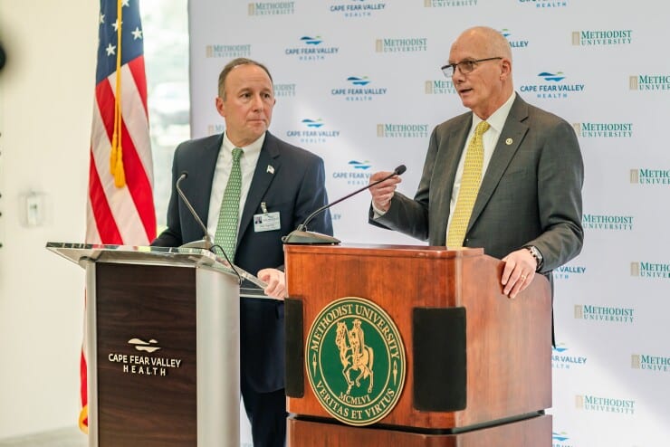 Michael Nagowski, CEO of Cape Fear Valley Health, and Methodist University President Stanley T. Wearden