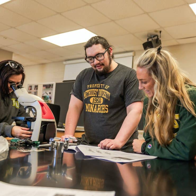 Methodist University Biology students work together on a lab.