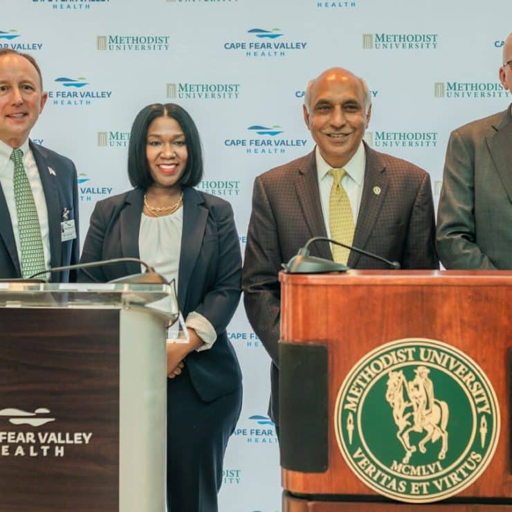 Cape Fear Valley Health CEO Michael Nagowski, Cape Fear Valley Health Board Chair Alicia Marks Flowers, Methodist University Board of Trustees Chair Rakesh Gupta, and Methodist University President Stanley T. Wearden