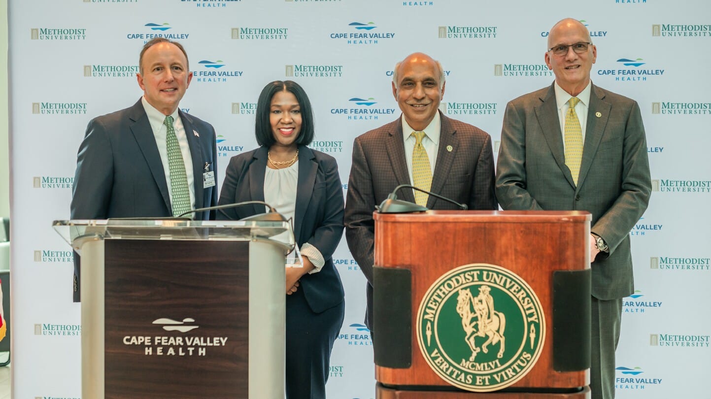 Cape Fear Valley Health CEO Michael Nagowski, Cape Fear Valley Health Board Chair Alicia Marks Flowers, Methodist University Board of Trustees Chair Rakesh Gupta, and Methodist University President Stanley T. Wearden