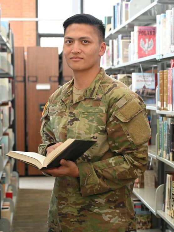 Military student in the library