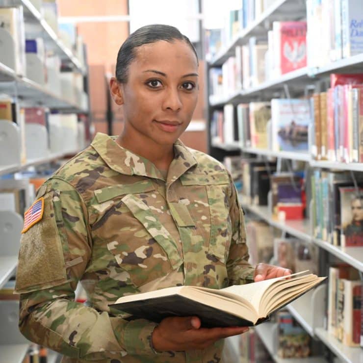 Military student in the library