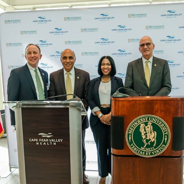 Cape Fear Valley Health CEO Michael Nagowski, Cape Fear Valley Health Board Chair Alicia Marks Flowers, Methodist University Board of Trustees Chair Rakesh Gupta, and Methodist University President Stanley T. Wearden