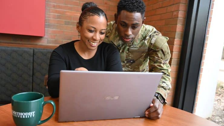 Military students in the library