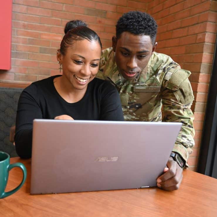 Military students in the library