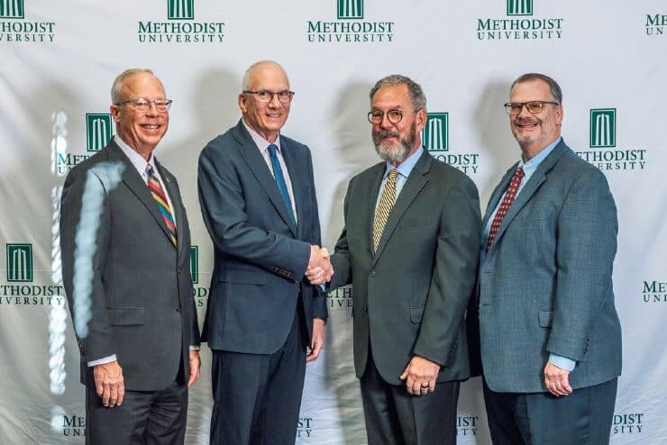 Pictured (left to right): First Citizens Bank’s Tim Richardson (Senior Vice President/Manager of Commercial Banking), Methodist University’s Dr. Stanley T. Wearden (President), First Citizens Bank’s Hank Dunbar (Senior Vice President of Charitable & Philanthropic Services), and Methodist University’s R. Gregory Swanson (Vice President for Institutional Advancement & Senior Counsel).
