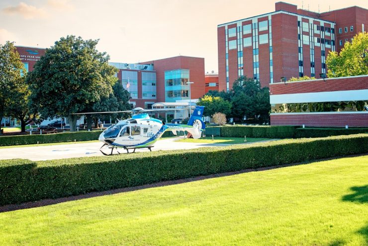 Cape Fear Valley Medical Center with a Medevac helicopter in the foreground