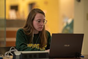 A student uses her laptop in the library