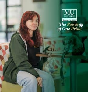 Student at Berns Student Center with the Methodist University Loyalty Day logo