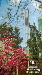 Yarborough Belltower on campus with the Methodist University Loyalty Day logo