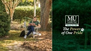 Student sitting on campus with the Methodist University Loyalty Day logo