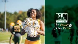 Cheerleader with the Methodist University Loyalty Day logo