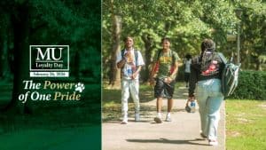 Students walking on campus with the Methodist University Loyalty Day logo