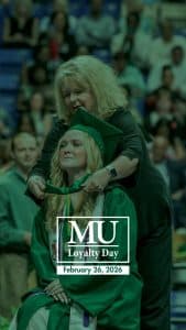 A student at graduation with the Methodist University Loyalty Day logo