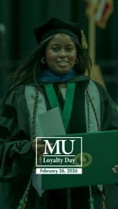 A student at graduation with the Methodist University Loyalty Day logo