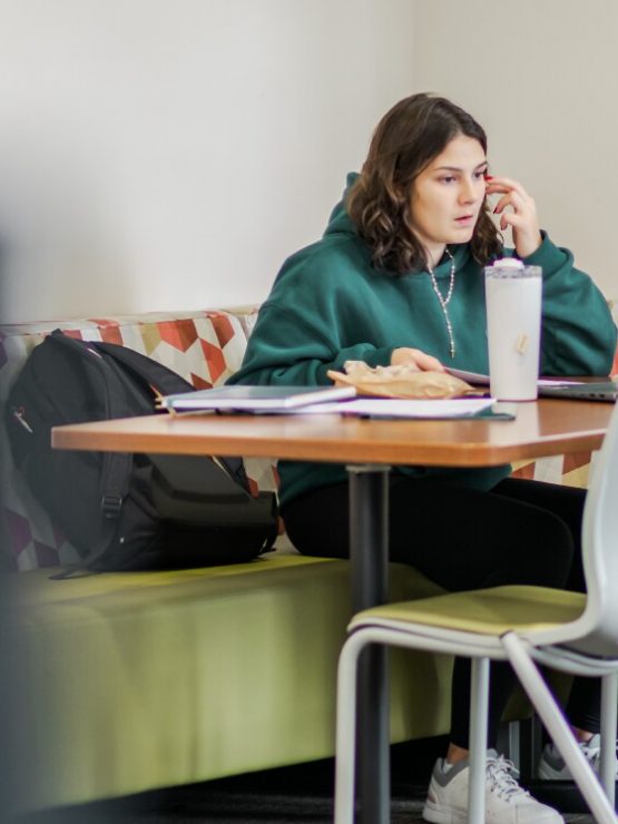 A student works on a laptop